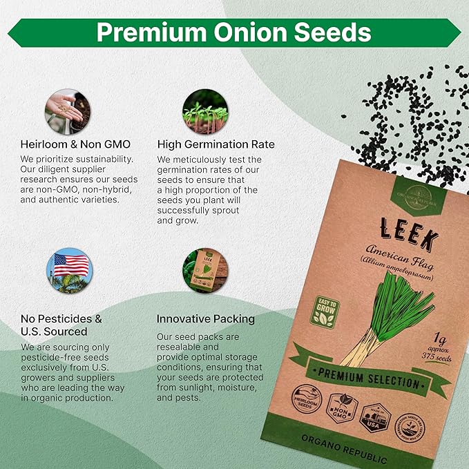 Organo Republic Onion Leek Seeds Pack 1G - Over 375 Non-GMO Heirloom Onion Seeds for Planting Vegetables in Individual Seed Packet, Vegetable Seeds for Planting Home Garden Indoor & Outdoor Gardening