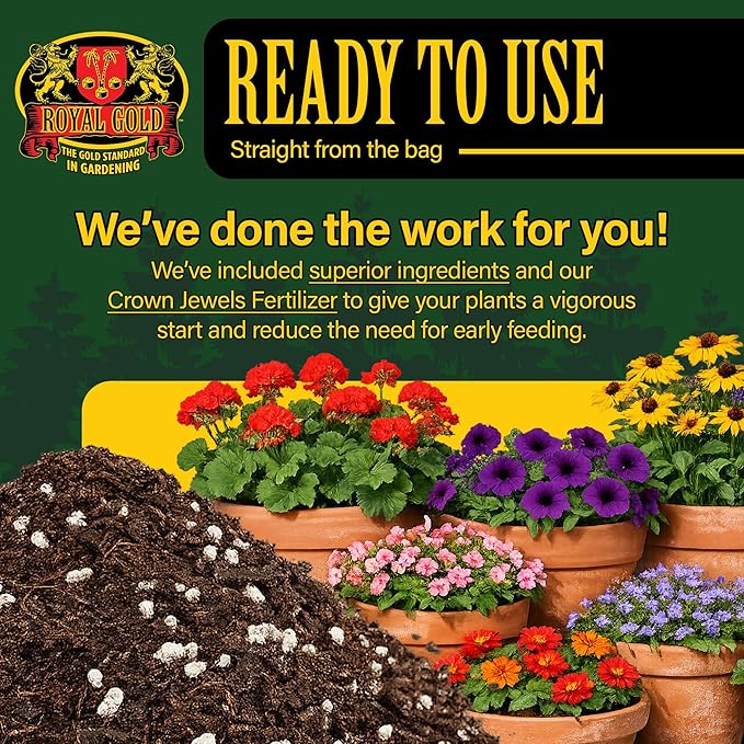 Royal Gold Special Reserve Premium Potting Mix, 1.5 Cubic Foot - All-Purpose Soil for Indoor & Outdoor Container Gardens - Coco, Composted Forest Material, Peat Moss & Perlite, Pre-Fertilized Blend