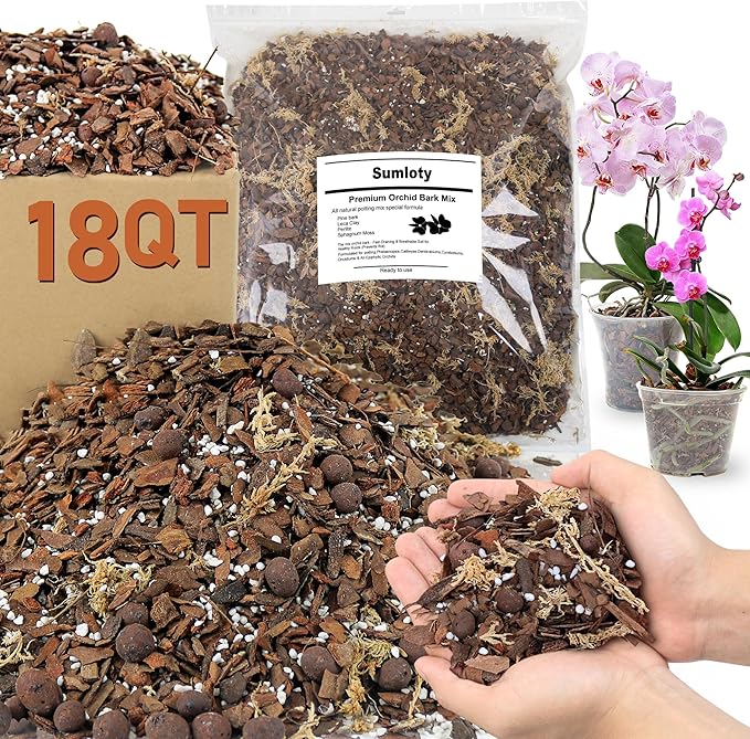 Orchid Bark Potting Mix 18QT - Orchid Soil Mix with Pine Bark, Perlite, Sphagnum Moss & Leca Clay, Fast-Draining Mix for Repotting Phalaenopsis & All Epiphytic Orchids, Indoor Orchid Mulch