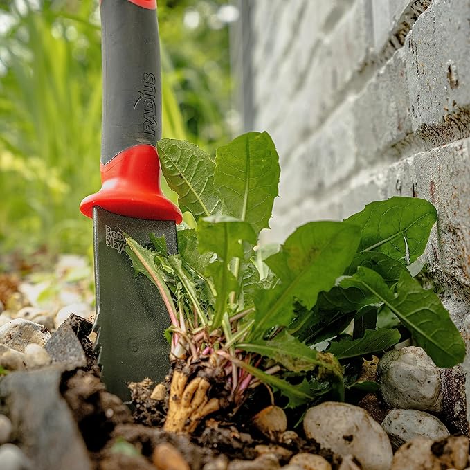 Root Slayer 17211 Garden Soil Knife with Holster for Digging, Weeding, and Root Cutting, Serrated Steel Blade, Red