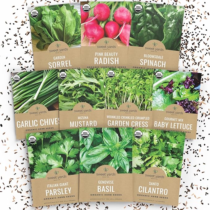 Organic Window Sill Seeds Variety Pack - 10 Individual Packs - 2026 Season - Basil, Cilantro, Pink Beauty Radish and More! for Indoor & Outdoor Planting (Non-GMO, Certified Organic)