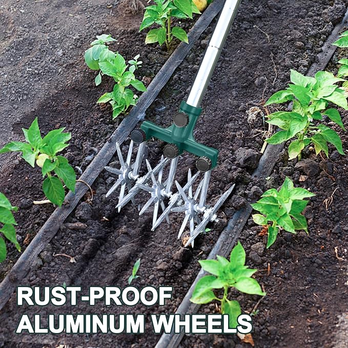 Rotary Cultivator Garden Rotary Tiller Adjustable Stainless Steel Poles Hand Tiller for Soil Mixing or Reseeding Grass Lawn Tiller Total Length 57 Inch
