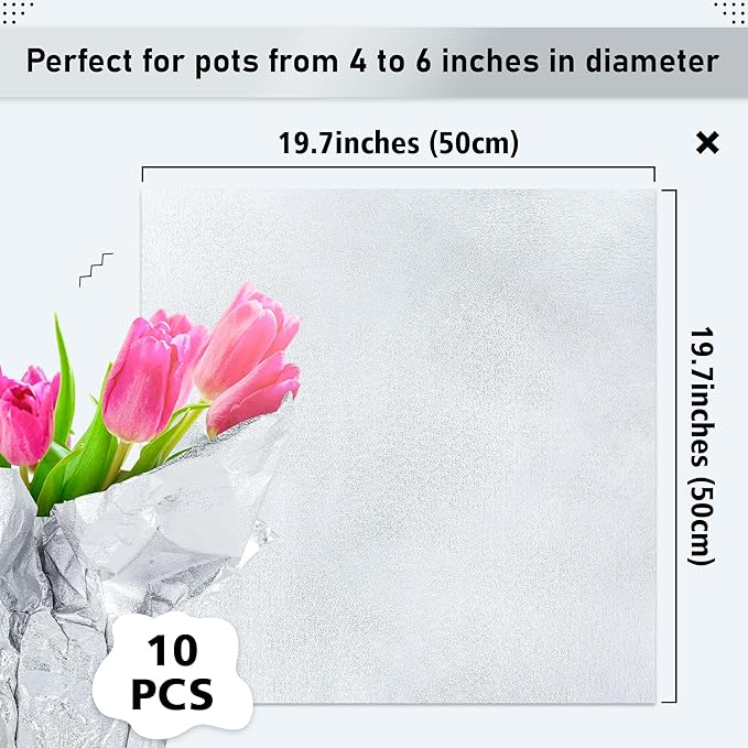 10 PCS Foil Wrap for Potted Plant, 19.7×19.7 inches Sliver Floral Foil Plant Pot Covers, Matte Texture Wrapping Paper for Christmas Plant Pot, Foil Wrapping Paper for DIY Flower Pot (Sliver)