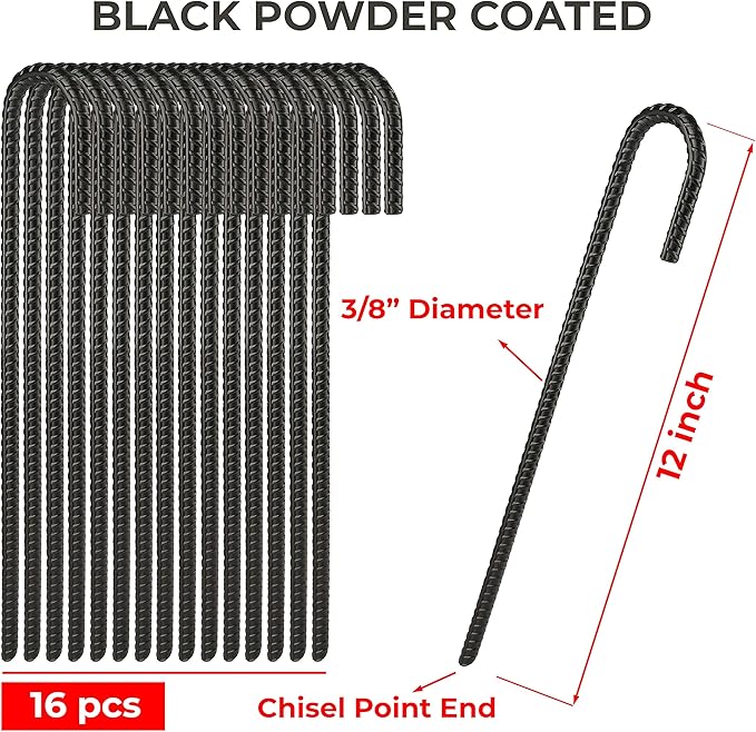 NHZ 12” Ground Rebar Stakes (16pcs) Heavy Duty J Hook Ground Anchors, Curved Steel Plant Support Garden Stake with Chisel Point end, Hammer for Camping Tent - Black Powder Coated
