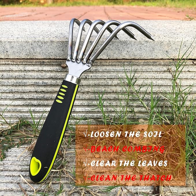 SHANFEEK Garden Rake 5-Claw Landscape Dethatcher Thatching Beach Combing Rake for Digging Clam Shell Defoliation Hoe Garden Tool for Loosen The Soil (Green)