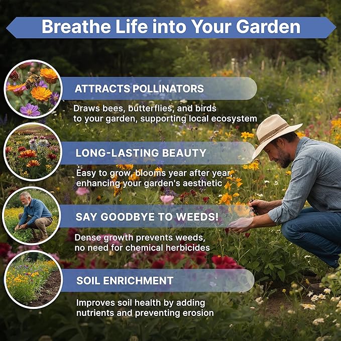 Organo Republic 16 Perennial Wildflower Seeds Mix for Indoor & Outdoors 25,000+ Non-GMO, Heirloom Wildflower Garden Seeds, 1oz Packet for Growing Wild Flowers to Attract Bees, Butterflies & Birds