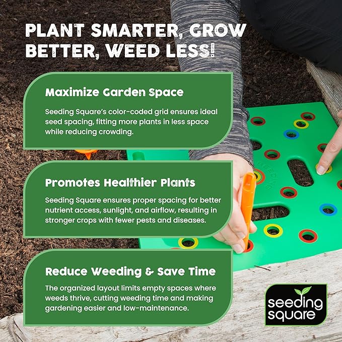 Seeding Square - Patented Seed and Seedling Spacer Tool for Bigger Harvests, Organized Plants & Fewer Weeds – Color-Coded Gardening Template with Dibber, Seed Spoon, Ruler & Planting Guide