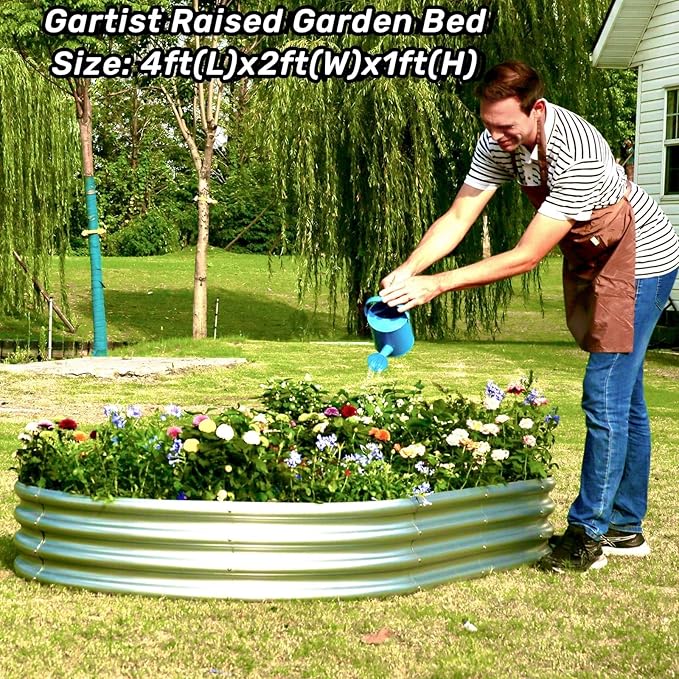 Gartist 4x2x1 Ft Galvanized Raised Garden Bed with Open Bottom, Outdoor Thickening Oval Planter Box for Herbs, Vegetables, Fruits
