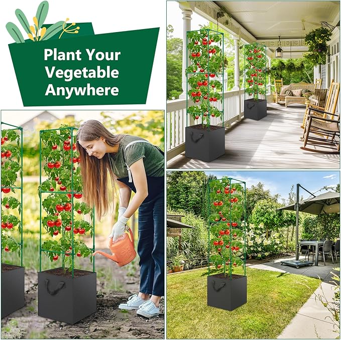 2 Pack Tomato Cages for Garden,49-Inch Square Trellis Frame with 7 Gallon Grow Bags, Plant Clips, Tomato Plant Support Kit for Garden Raised Bed Cucumber Vegetable Climbing Outdoor Indoor