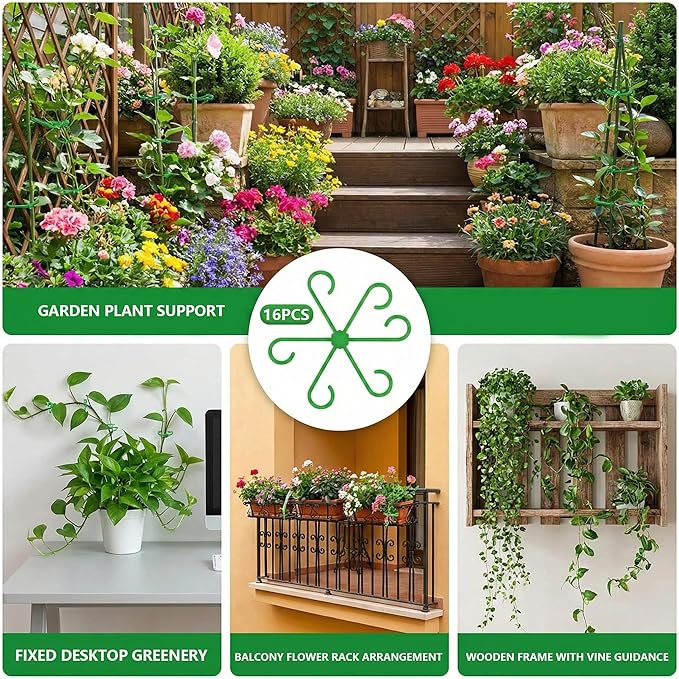 16PCS Plant Stem Support for Indoor Plants, Climbing Houseplant Stem Supports, 4 Sizes Reusable Clips for Monstera, Orchid & Pothos, Climbing Stem Holders (Green)