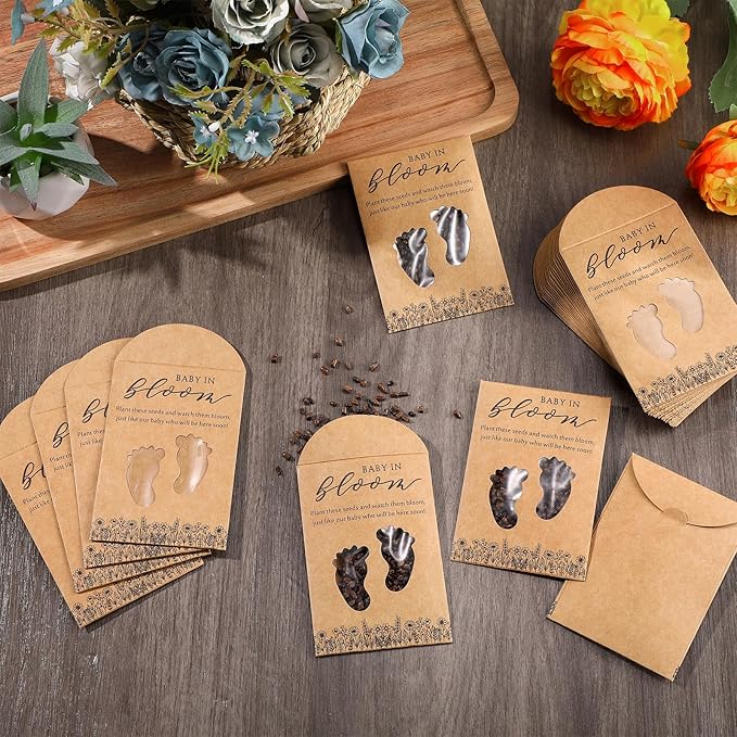 Fumete 50 Pack Baby in Bloom Seed Packets Baby Shower Party Favor for Guest Envelopes Kraft with Clear Window Resealable Seed Organizer Storage Bag for Gender Reveal Party, No Seeds(Footprints)