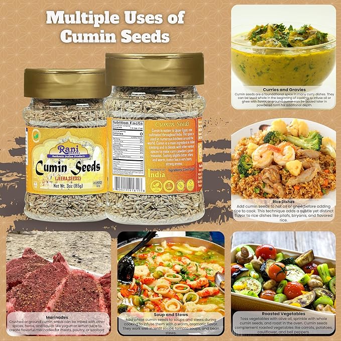 Rani Cumin Seeds Whole (Jeera) Spice 3oz (85g) PET Jar ~ All Natural | Gluten Friendly | NON-GMO | Kosher | Vegan | Indian Origin