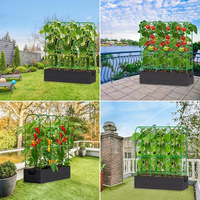 65"H x 50"W Cucumber Trellis with Grow Bag & Netting, U-Frame Metal Plant Support, Heavy-Duty Steel & Plastic, Green & Black, Rectangular, Climbing Plant Support Structure