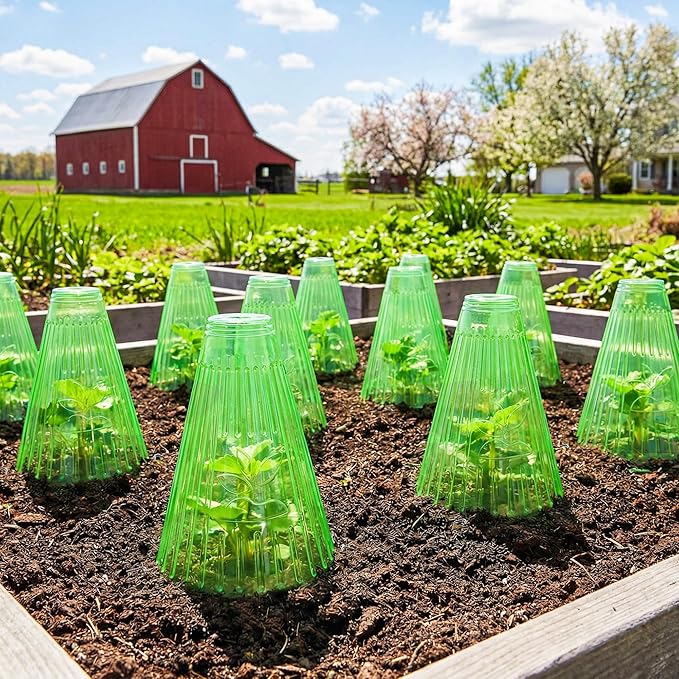 30 Pack Garden Cloches for Plants with 60 Stakes, 9.05" L x 7.8" Reusable Plant Bell Cover, Protection from Freezing Weather, Birds, and Snails for Garden