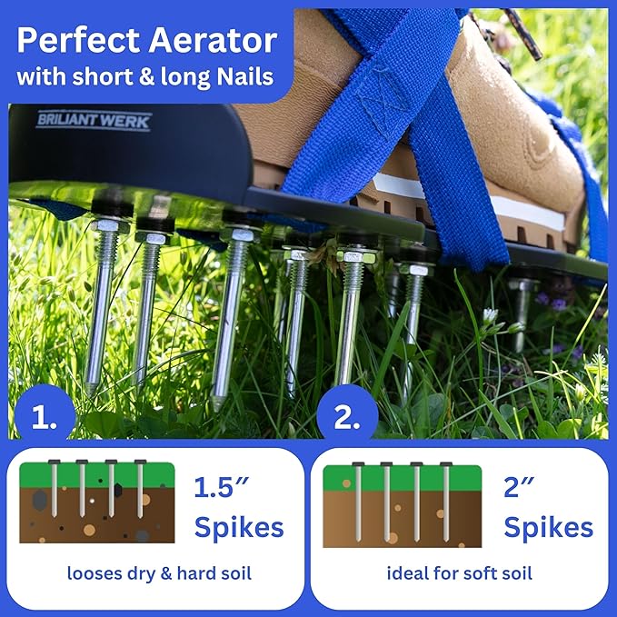 Lawn Aerator with Adjustable Straps - for Lawn Aeration or as Screed Shoes - Lawn Aerator Shoes as Perfect Aerator Lawn Tool - incl. Two Nail Lengths - Lawn dethatcher - epoxy Shoes