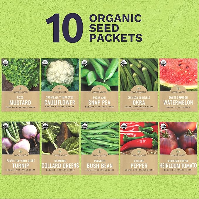Organic Southern Garden Seeds Variety Pack - 10 Individual Packs - 2026 Season - Sugar Ann Snap Pea, Sweet Crimson Watermelon and More! for Indoor & Outdoor Planting (Non-GMO, Certified Organic)