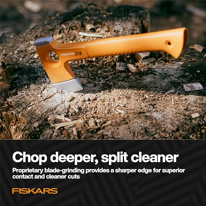 Fiskars X13 Ultralight Hiking Axe 13", Ultra-Sharp Forged Steel Blade for Efficient Chopping & Camping, 15% Lighter High-Visibility Orange FiberComp Handle Drives Tent Stakes, Sheath Included