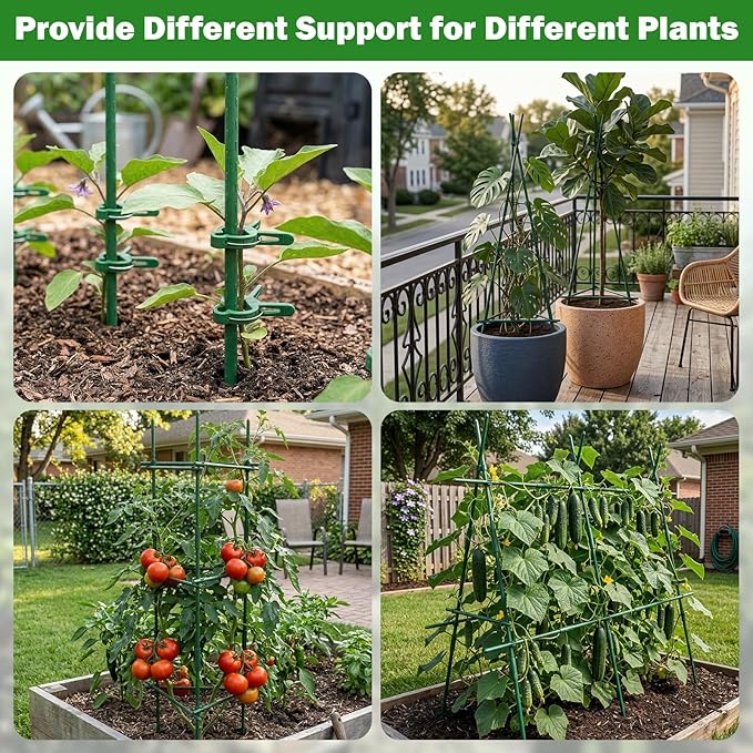 Garden Stakes 40 Pack, 16 Inch Plastic Coated Metal Tomato Stakes, DIY 4ft 5ft 6ft 7ft Plant Support Stakes with 28 Connectors 28 Rotatable Clips 28 Plant Clips for Indoor Outdoor Vegetables