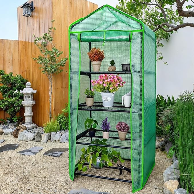 4 Tier Mini Greenhouse - Portable Indoor Outdoor Green House with 24lbs Per Shelf, Durable PE Cover & Tool-Free Assembly for Garden Balcony Patio Backyard