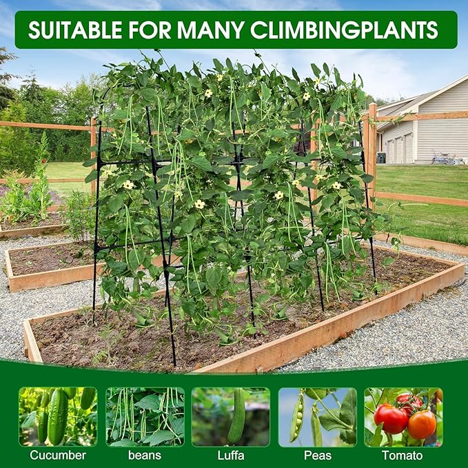 Garden Trellis for Climbing Plants Outdoor, Cucumber Trellis for Raised Bed Garden, Arch Trellis Support for Cucumbers Tomatoes Beans Peas, 50x48 inch, Metal Trellis with Netting, Black