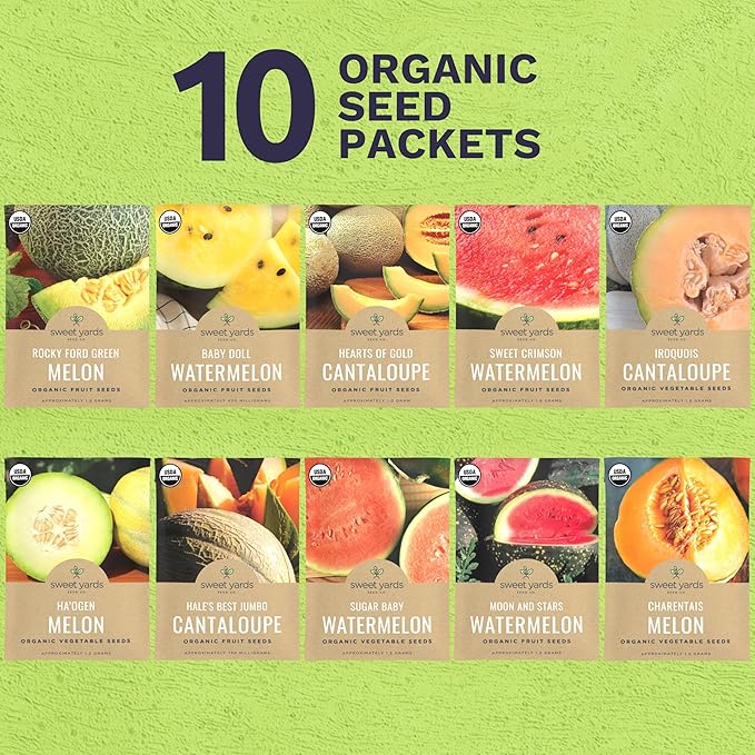 Organic Melon Seeds Variety Pack - 10 Individual Packs - 2026 Season - Sugar Baby, Charentais, Hearts of Gold and More! for Indoor & Outdoor Planting (Non-GMO, Certified Organic)