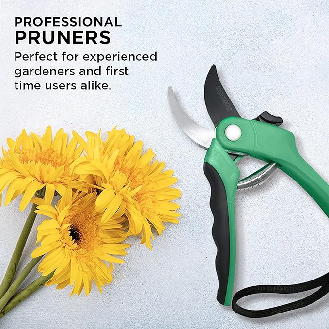 Nevlers 8" Green Bypass Pruning Shears Heavy Duty | Flower Shears & Pruning Scissors w/Steel Blades, Blade Lock & No-Slip Grip | 8mm Cut Capacity Garden Clippers Handheld for Flower Stems & Branches