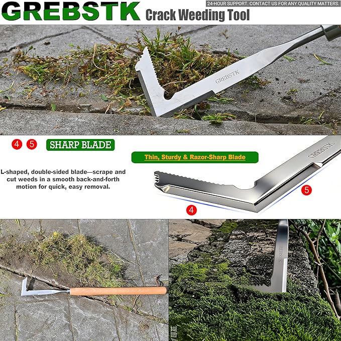 GREBSTK Crack Weeder Crevice Weeding Tool Stainless Steel Manual Weeder Beech Handle Gardening Tool, 22 inch
