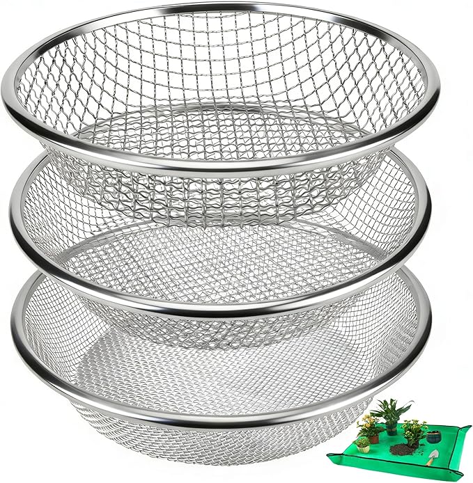 3PACK Soil Sand Compost Sifter for Gardening - Soil Compost Rock Sifter with Repotting Mat Fits 5-Gallon Buckets 1/4 Inch & 1/8 Inch & 3/8 Inch Mesh Sieve for Gravel, Dirt, Sawdust