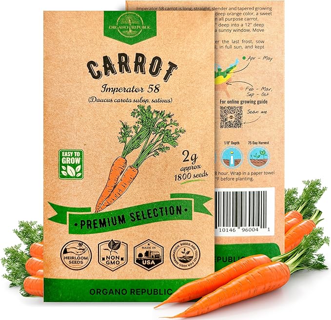 Organo Republic Imperator 58 Carrot Seeds Pack 2G - Over 1800 of Non-GMO Heirloom Carrot Seeds for Planting Vegetables in Individual Seed Packet, Vegetable Seeds for Planting Indoor & Outdoor Garden