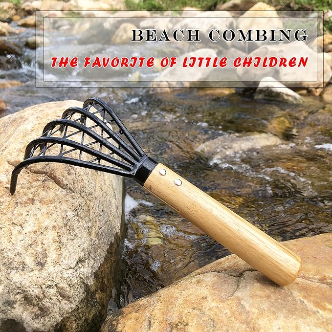 SHANFEEK Garden Rake 5-Claw Landscape Dethatcher Thatching Beach Combing Rake for Digging Clam Shell Defoliation Hoe Garden Tool for Loosen The Soil (Brown)