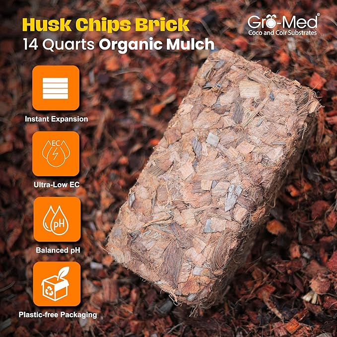 Gro-Med Coco Husk Chips 2s Brick Expands Upto 14 Quarts Coconut Coir Chip 2.2lb, Perfect for Plants, Gardening, Potting Soil Mix, Orchid Bark Alternative-OMRI Certified, Low EC, Balanced pH