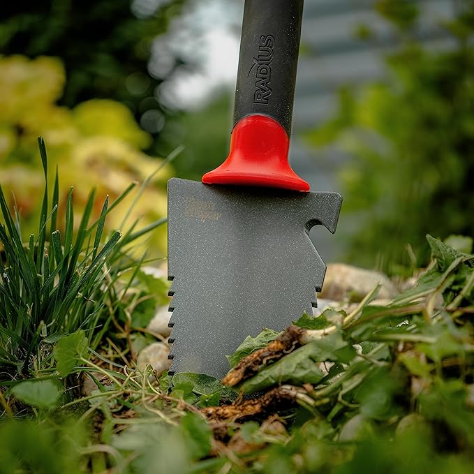 Root Slayer 17011 Garden Trowel with Holster for Digging, Planting, and Root Cutting, Serrated Steel Blade, Red