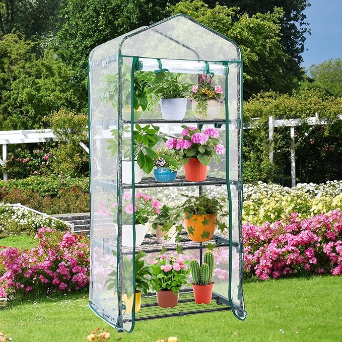 Mini Greenhouse for Outdoors Indoor: 27 x 19 x 62-Inch Ohuhu Small Green House with 4 Tier Shelves, Portable Plastic Greenhouses with Heavy Duty Transparent PVC Cover for Seedling Patio Porch Balcony