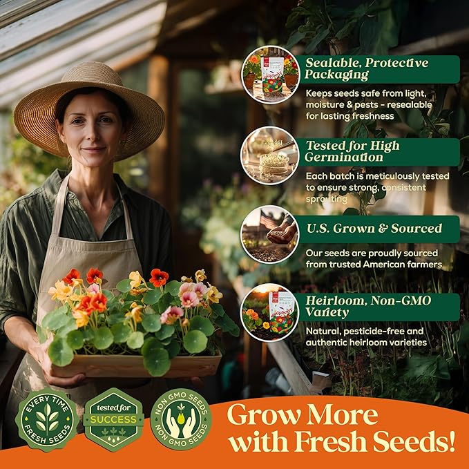 Nasturtium Seeds Pack 4 oz - 700 Non-GMO Heirloom Nasturtium Seeds for Planting, Perennial Flowers in Waterproof Seed Packet, Wildflower Seeds for Planting Garden Indoor & Outdoor Gardening