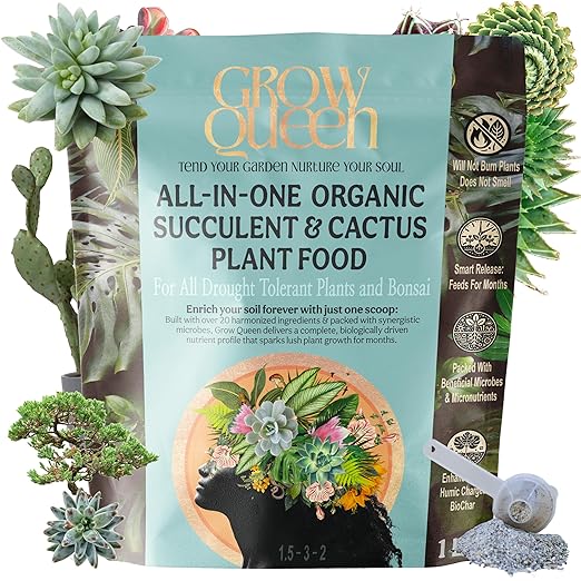 Grow Queen All-In-One Organic Succulent Fertilizer, Cactus Fertilizer, Succulent Plant Food, Bonsai & Cactus Food, 1lb bag = 25 Single Servings, Fast & Slow Release feeds up to 100 plants for 8 months
