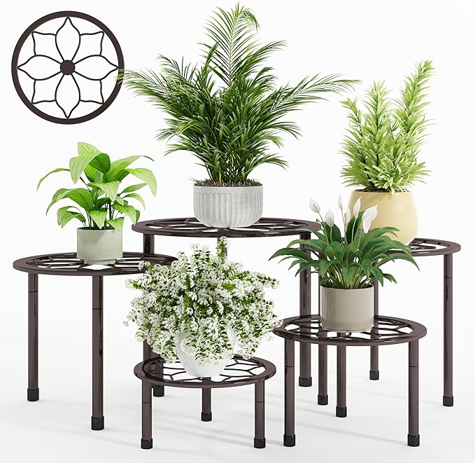 NUZZERO Metal Plant Stand Indoor Outdoor,Indoor Plant Stands for Patio Rust Proof,Heavy Duty Flower Pot Stands for Multiple Plant,Brown Potted Plant Holder for Garden Home (5 Pack Brown)