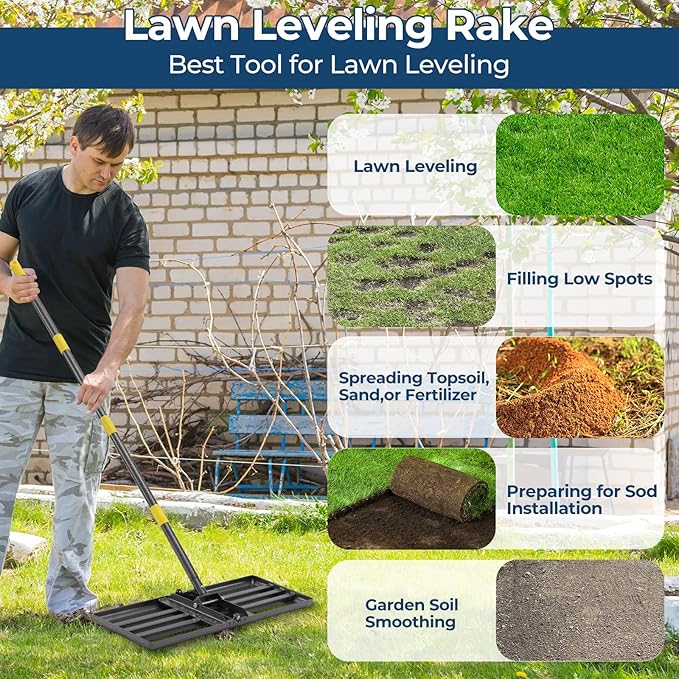 Heavy Duty Lawn Leveling Rake 30x10 with 72" Adjustable Handle - Commercial Grade Landscape Grading Tool, Foldable Yard Leveler for Soil Sand & Topdressing | Stainless Steel + Ergonomic Design