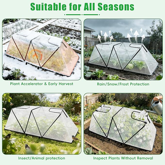 2Pack Foldable Garden Plants Covers with Two Dual Layer Skylights, 47.2" X 14.2" X 13" Raised Bed Greenhouse Cover, Garden Frost Protection for Vegetable Flower Fruits from Animals, Include 16 Stakes