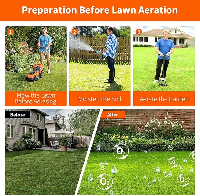 Lawn Aerator Tool (Pre-Assembled), 16 Iron Spikes with Spring-Loaded Auto Cleaning, Ergonomic T-Handle, Manual Grass Aerators for Lawn, Yard, Garden Soil Loosening & Aeration, Gloves Included (Black)