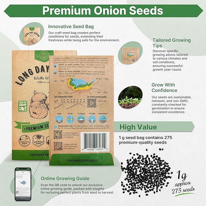 Onion Walla Walla Seeds Pack 1G - Over 275 Non-GMO Heirloom Onion Seeds for Planting Vegetables in Individual Seed Packet, Vegetable Seeds for Planting Home Garden Indoor & Outdoor Gardening