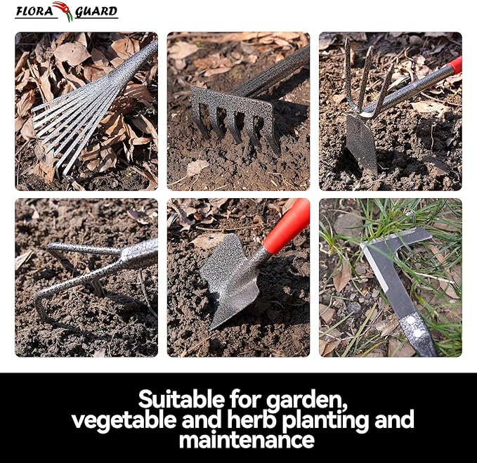 FLORA GUARD 6-Piece Garden Tool Set, Heavy Duty Gardening Hand Tools,Includes Trowel, Rake, 2-in-1 Hoe & Crack Weeder, Durable Yard Gardening Tools, Ideal Gardening Gift for Men & Women