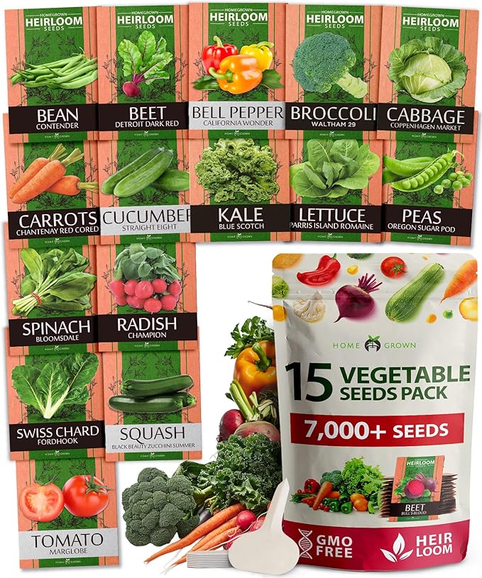 HOME GROWN Heirloom Vegetable Seeds - 15 Varieties, 7,000+ Non GMO Seeds for Planting, Complete Vegetable Garden Kit for Indoor & Outdoor Growing, Survival Seed Vault for Preppers