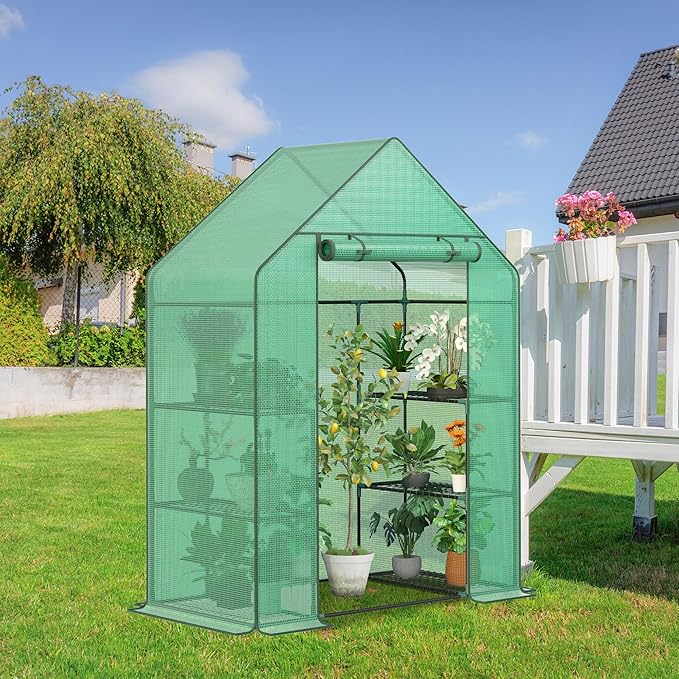 LEMY Mini Walk-in Greenhouse 3 Tiers 6 Shelves with PE Cover,Roll-Up Zipper Door and Mesh Windows,Anchors Ropes for Outdoor Garden,Backyard,Patio,Grow Vegetables,Flowers and Herbs
