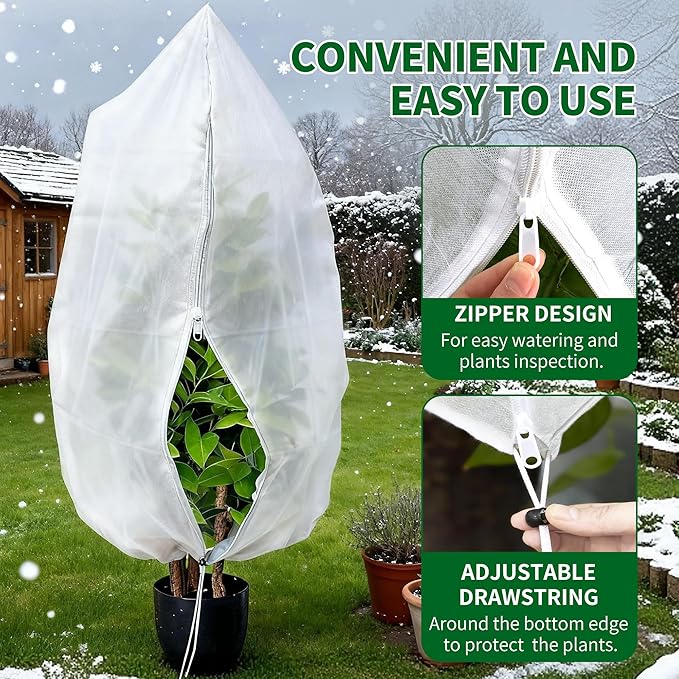 Spring Plant Covers Wind and Frost Protection, Reusable & Breathable Non-Woven Fabric Plant Covers with Zipper Drawstring to Protect Trees, Garden Flower, 5 Pack, White, 31.5" x 47.3"