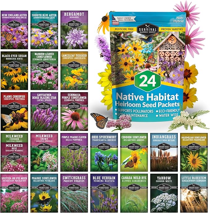 Native Plant Seeds for Planting 24 Variety Pack – Perennial & Annual North American Wildflowers for Butterfly & Bee-Friendly Pollinator Gardens – Non-GMO Heirloom – Survival Garden Seeds