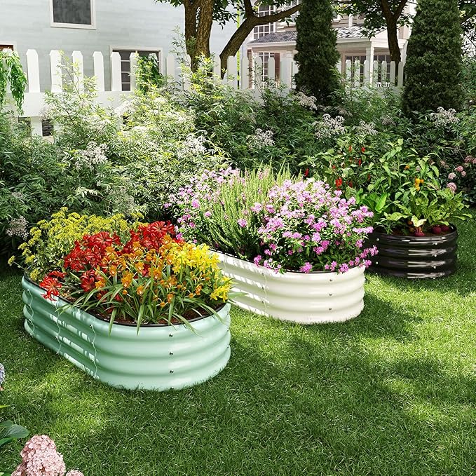 Galvanized Metal Planter Round Raised Garden Bed Kit for Gardening Outdoor，2x2x1ft Grow Garden Box Raised Flower Bed，Round Galvanized Planter Outdoor Metal Fire Pit Ring Green