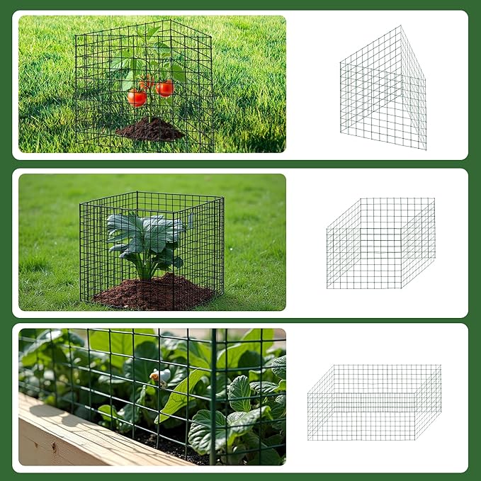 4 Sets of DIY Metal Plant Protectors from Deer, Garden Fencing Animal Barrier Size 11.8 * 12.9 inches, Mesh Plant Cage Chicken Wire Cloche for Plants with Stakes and Nylon Cables