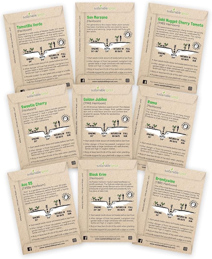 Heirloom Tomato Seeds For Planting: 9 Tomato Variety Pack: Cherry, Brandywine Beefsteak, Yellow Pear, Golden Jubilee, Plum Roma, Tomatillo, Ace 55 San Marzano Organic Tomato Seeds by Sustanible Sprout