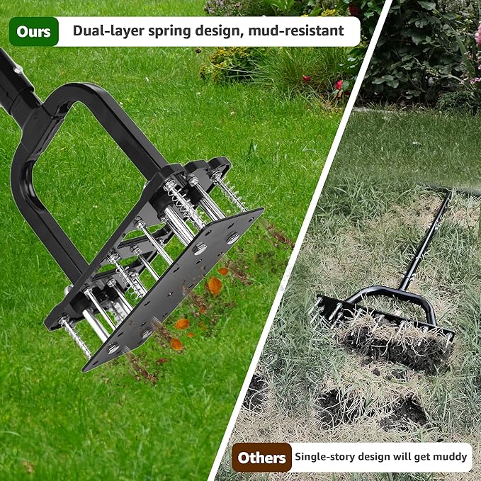Lawn Aerator, Automatic Dirt and Leaf Clean Design, Reinforced Plastic Shell, Heavy Duty Manual Lawn Aerator Tool with 15 Iron Spikes, Height Adjustable Aerator for Lawn(Armor Black)