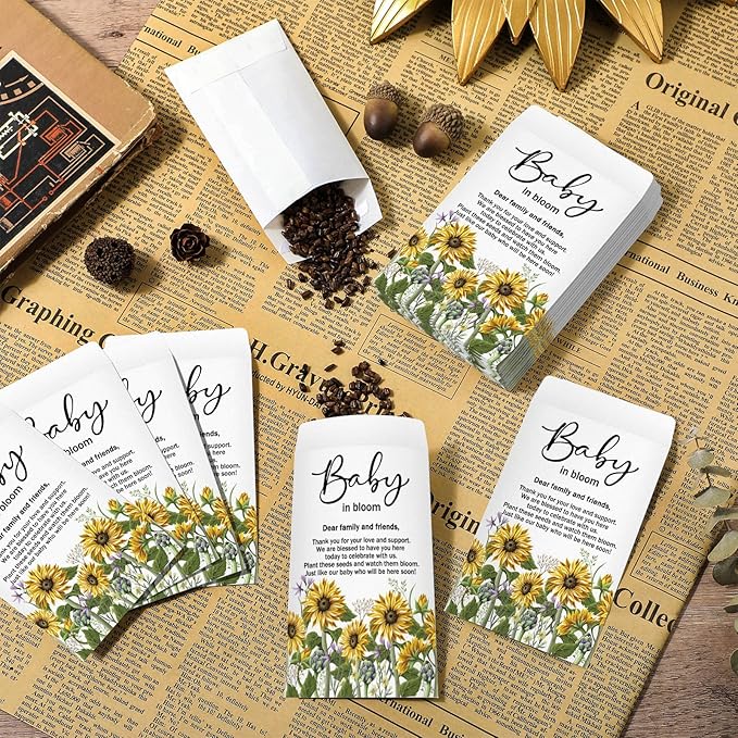 Fumete 50 Pcs Baby Shower Seed Packet Self Adhesive Kraft Envelopes Baby in Bloom Seed Storage Packets Mini Kraft Retro Paper Organizer for Gender Reveal Party, No Seeds(Sunflower)